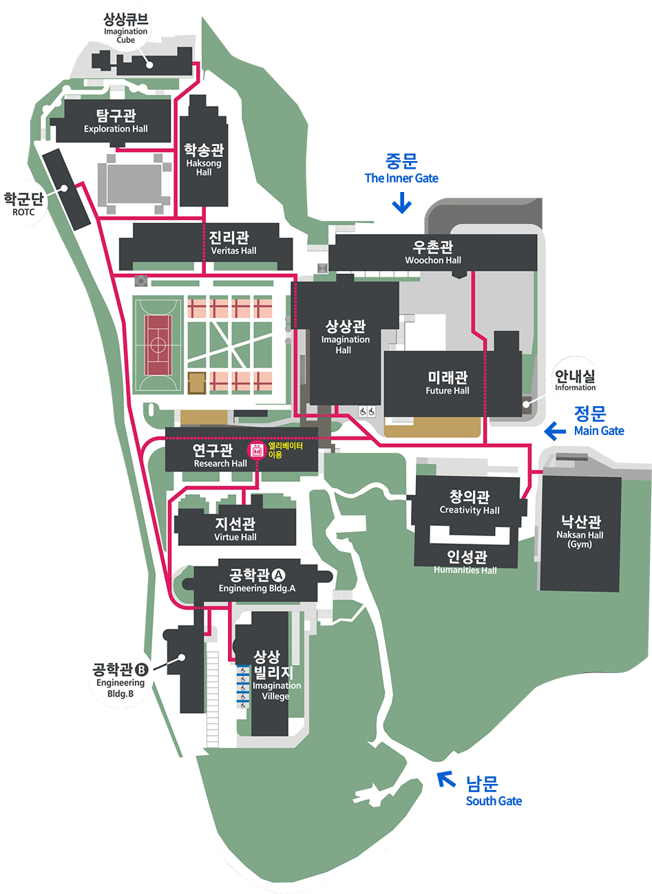 1) 학군단에서 공학관B까지의 북에서 남으로 이어진 길은 장애인 보행로이다.2) 공학관B와 공학관A까지의 통로는 장애인 보행로이다.3) 공학관A와 상상빌리지까지의 통로는 장애인 보행로이다.4) 공학관A와 지선관까지의 통로는 장애인 보행로이다.5) 지선관과 연구관까지의 통로는 장애인 보행로이다.6) 공학관A와 창의관까지의 통로는 장애인 보행로이다.7) 창의관과 낙산관까지의 통로는 장애인 보행로이다.8) 창의관과 미래관까지의 통로는 장애인 보행로이다.9) 미래관과 우촌관까지의 통로는 장애인 보행로이다.10) 미래관과 상상관까지의 통로는 장애인 보행로이다.11) 상상관과 진리관까지의 통로는 장애인 보행로이다.12) 학군단과 학송관까지의 통로는 장애인 보행로이다.13) 학송관과 진리관까지의 통로는 장애인 보행로이다.14) 학송관과 탐구관까지의 통로는 장애인 보행로이다.15) 탐구관과 상상큐브까지의 통로는 장애인 보행로이다.16) 연구관 B2에서 연구관 1층까지 엘리베이터를 이용하면 평지에서 이동이 가능하다.